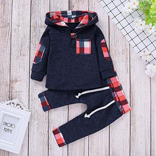 Infant Toddler Boys Girls Sweatshirt Set Winter Fall Clothes Outfit 0-3 Years Old,Baby Plaid Hooded Tops Pants (Blue, 2-3 Years) - Thumbnail 2