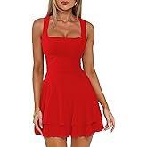 HOCILLE Women's Sexy Square Neck Mini Dresses Sleeveless Ruched Waist Ruffle Hem Club Party Short Dress