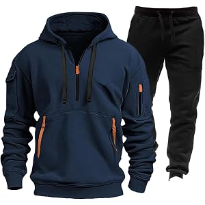 Vividcrate Men's Winter Heavyweight Multi Pocket Zipper Sweatshirt 2 Piece Set Sweatpants Sweatsuits Hoodie