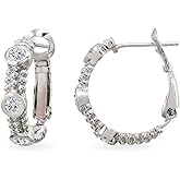 Sterling Silver Cubic Zirconia Round Bezel-Set Clutchless Hoop Earrings, 20mm