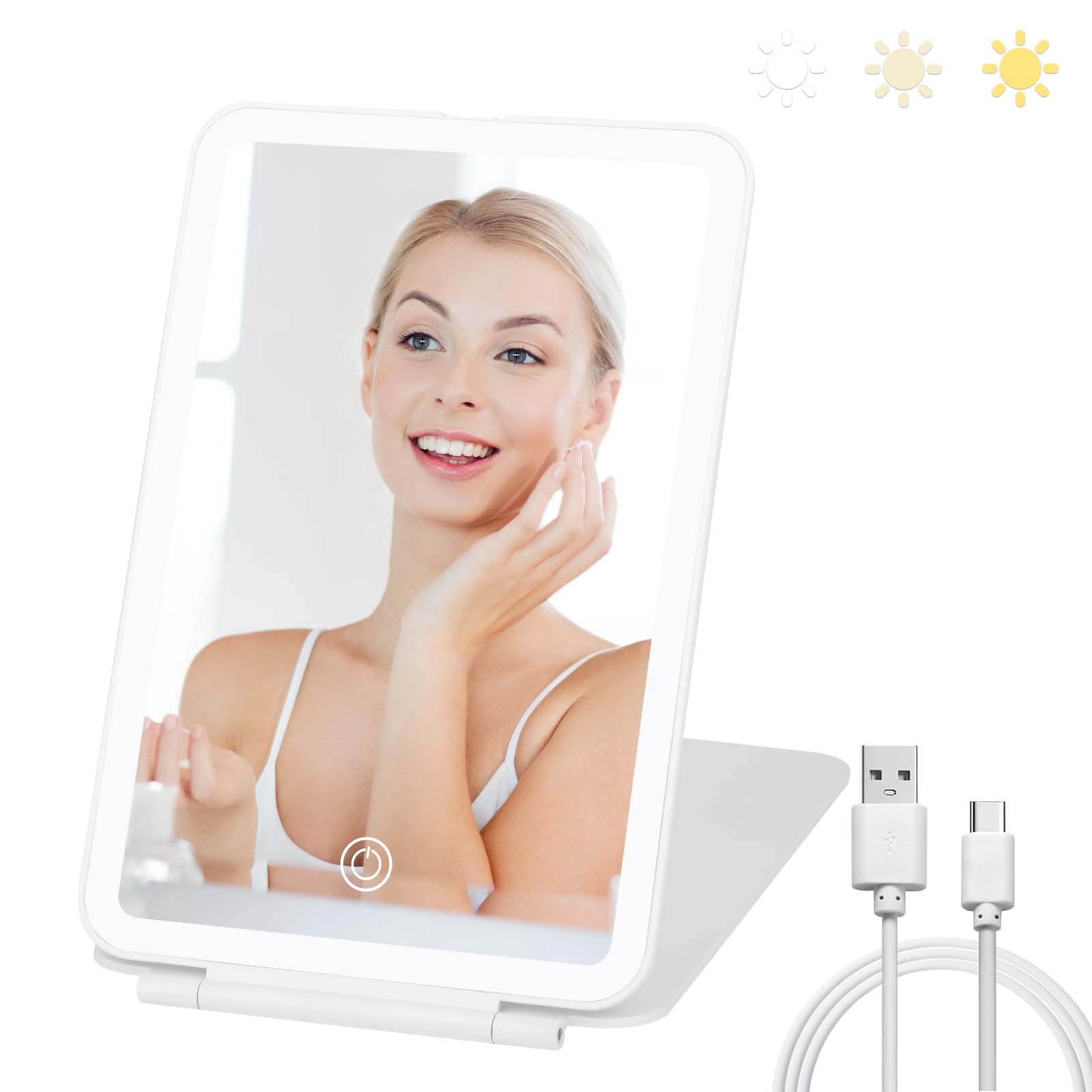 Photo 1 of osteplus Travel Makeup Mirror with 3 Colors Light Modes, Folding Vanity Mirror with Lights, Adjustable Brightness, USB Rechargeable, Portable, Ultra Thin (White)