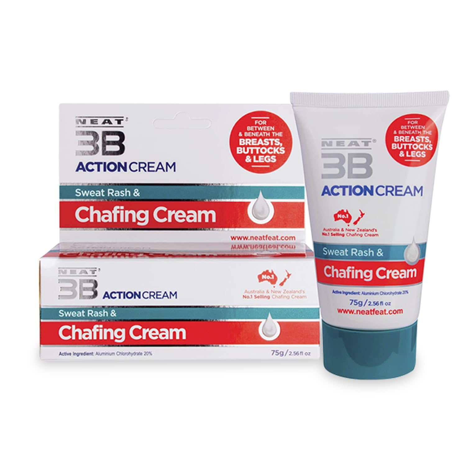 Neat 3B Action Cream - Anti Chafe Balm & Antiperspirant for Chub Rub, Sweat Rash, Sweating - Unscented Anti Chafing Chamois Cream - 75 Grams