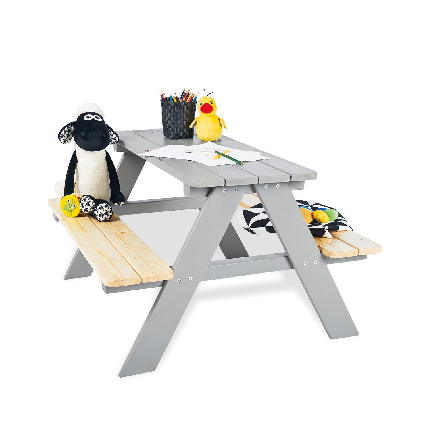 Pinolino Nicki Children's Seat Set for 4, Solid Wood, 2 Benches with 1 Table, Recommended for Children from 2 Years, Grey