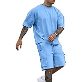 YawYews Men's 2 Piece Outfits Casual Tracksuit Cargo Shorts Summer Athletic Drop Shoulder Sleeve Sportwear Set