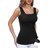 V FOR CITY Women Square Neck Tank Tops with Built in Bras Scallop Trim Fitted Camisole Ribbed Summer Top