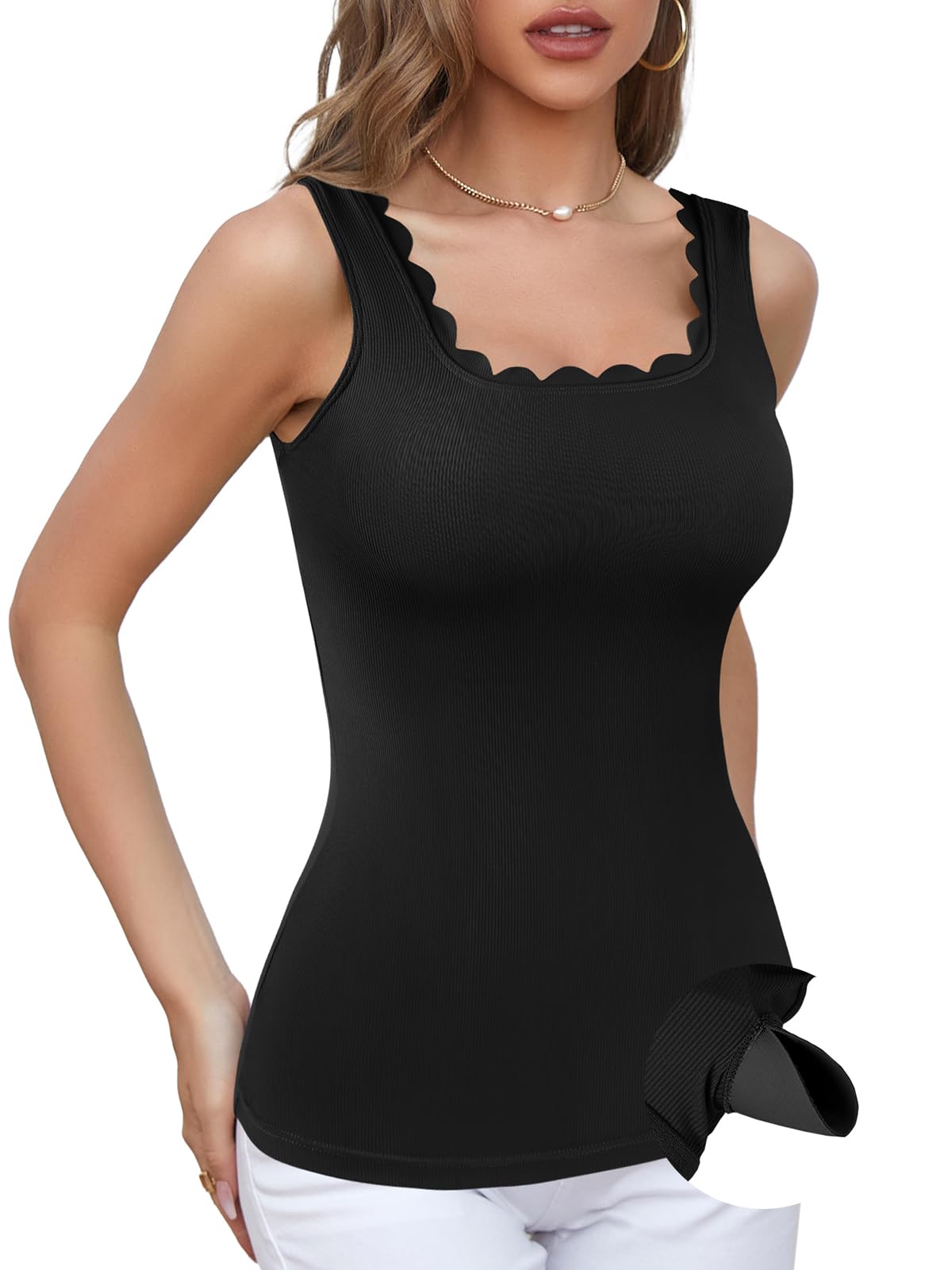 V FOR CITY Square Neck Tank Top With Built-In Bra - Scallop Trim Camisole For Women, Summer & Workout - View #3