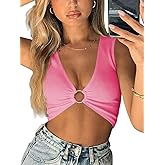 AEVZIV Sexy Crop Tops for Women Sleeveless Deep V Neck Workout Tops Plunge Ring Cleavage Cropped Tank Top