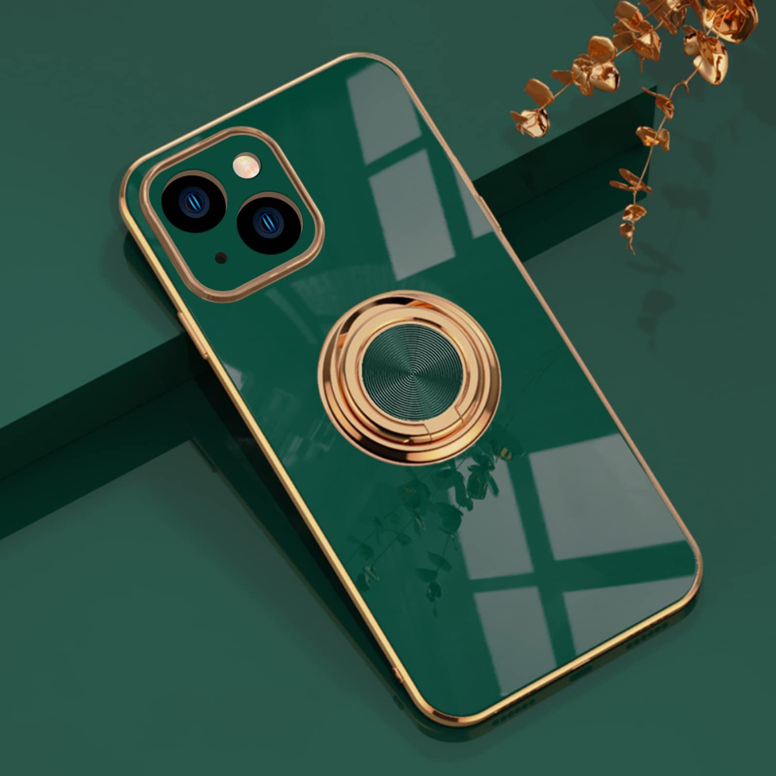 EYZUTAK Electroplated Magnetic Ring Holder Case, 360 Degree with Rotation Metal Finger Ring Holder Magnet Car Holder Soft Silicone Shockproof Cover for iPhone 13 6.1 inch - Drak Green — image 1