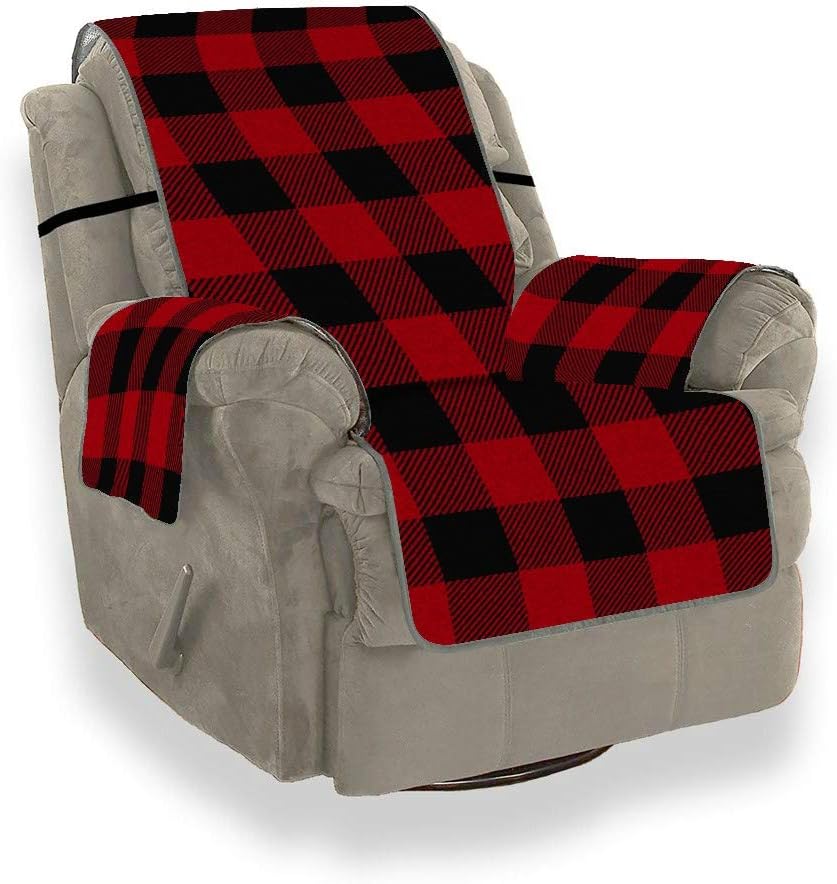 YUMOING Seamless Red Black Buffalo Plaid Recliner Chair Slipcover Sofa Velvet Cover