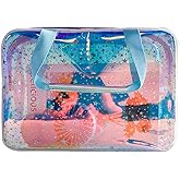 TotePrint TPU Holographic Blue Clear Star Large Cosmetic Bag and Travel Pouch with Handle,Durable TPU Material,Zipper Design-Ideal for Makeup,Travel Essentials (Holographic Blue)