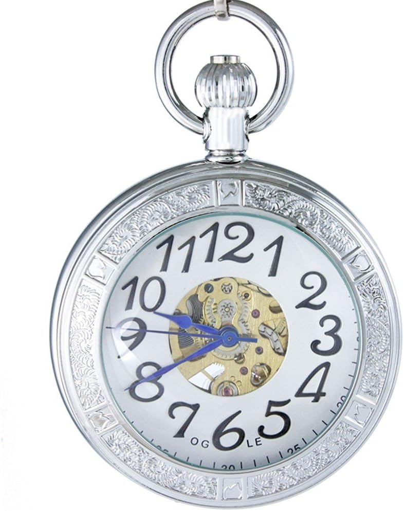 OGLE Waterproof Magnifier Skeleton Chain Silver Luminous Fob Self Winding Automatic Mechanical Pocket Watch