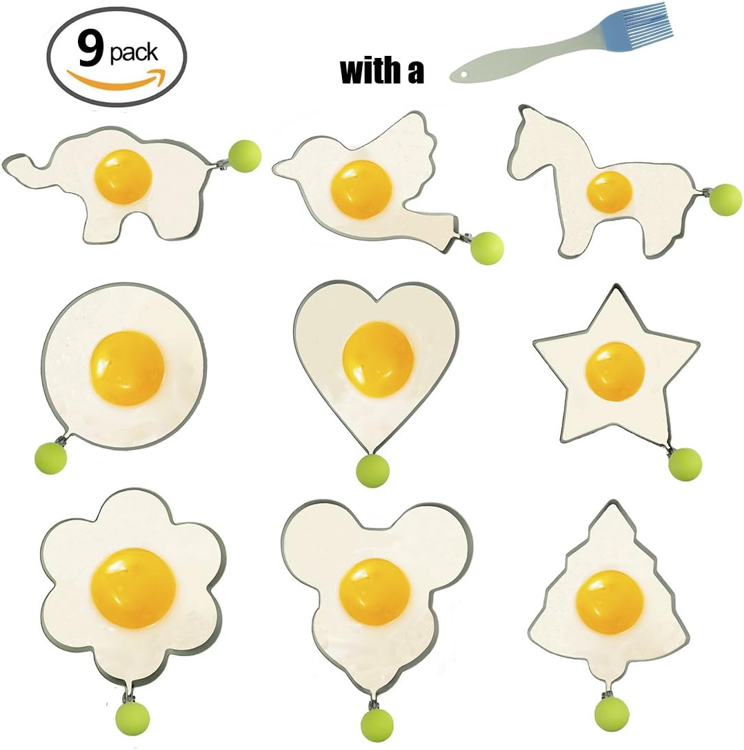 Egg Ring Pancake Mold 9PCS WGZOJOPD Stainless Steel Pancake Forms Fried Egg Mold Non-Stick Egg Poachers With Handle For Griddle Pan Kitchen Tool