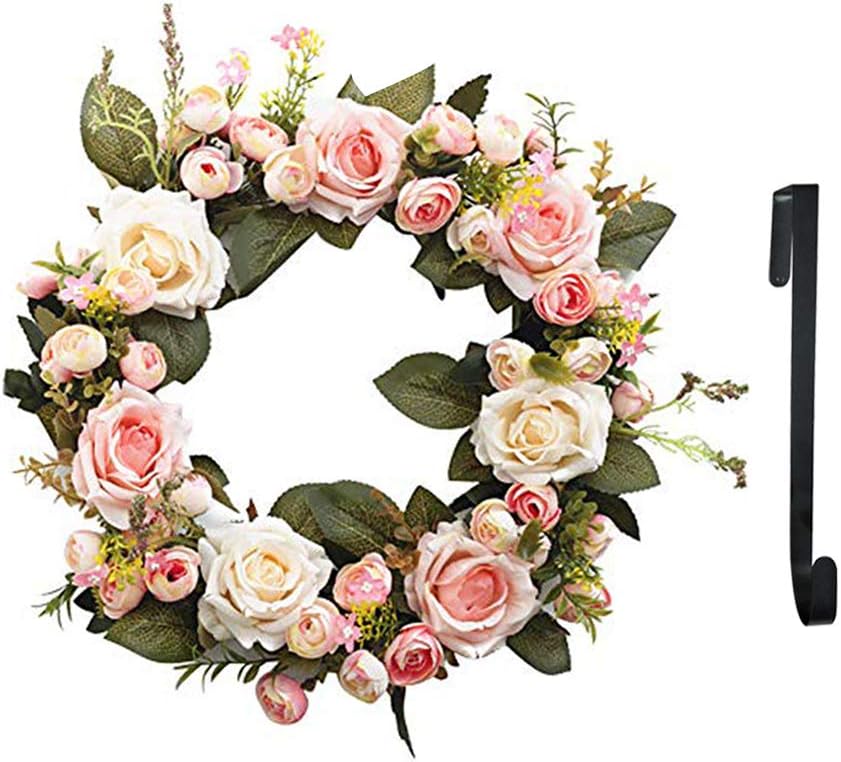 SunriseMall 13 Inch Handmade Wreath, Floral Artificial Simulation Flowers Garland, European Door Ornament, with 1pcs Wreath Hook, for Home Party Decor (13 Inch Pink)