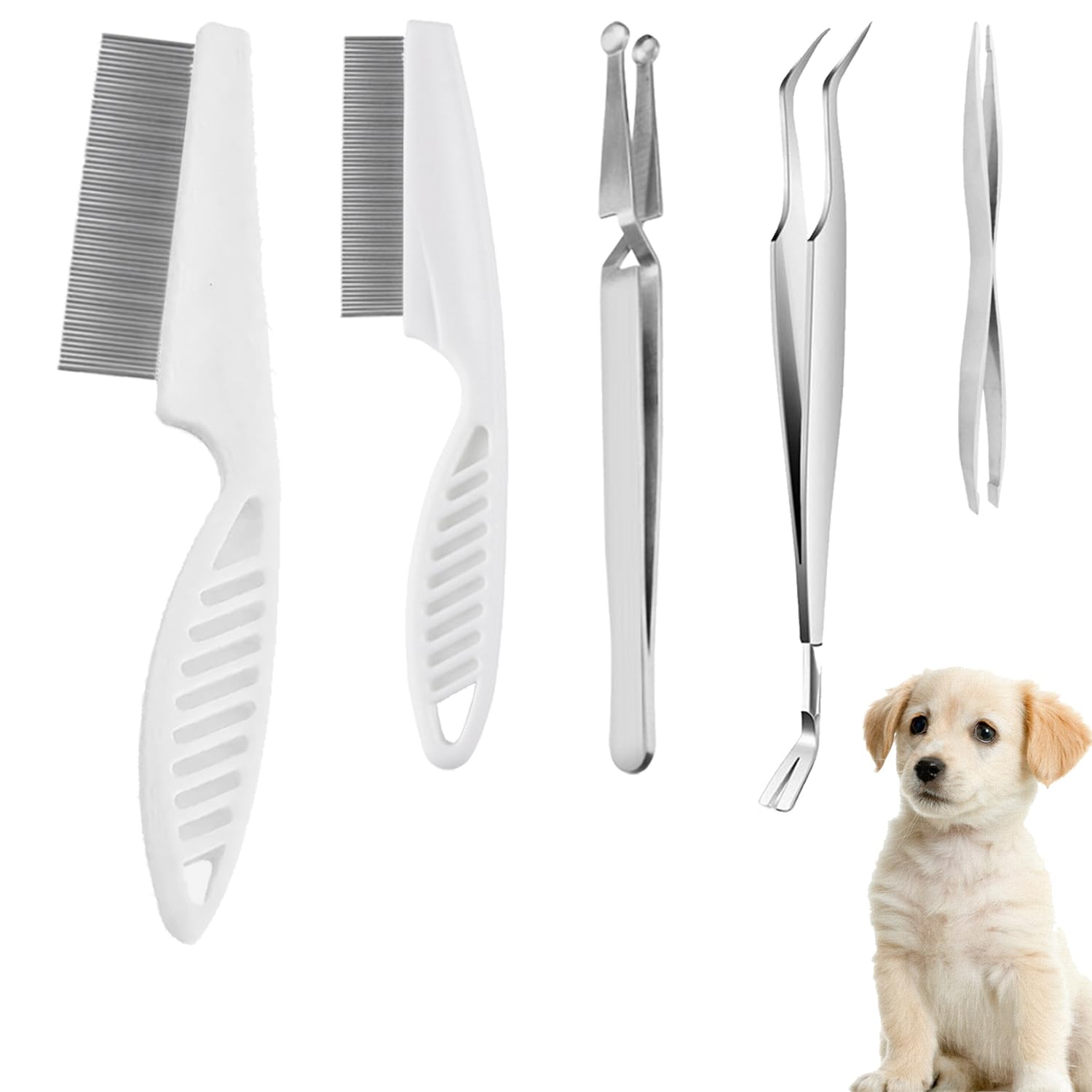 VEINARDYL 6 pcs Tick Remover Tool kit for Pets, 3 Stainless Steel Tick Tweezers with Storage Pouch and 2 Tick Comb Grooming Tools for Cats & Dogs Safe Tick Control Puller for Removal of Ticks Fleas