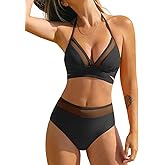 CUPSHE Women's Bikini Sets Halter V Neck Self Tied Straps Bathing Suit High Rise Mesh Edge Light Support