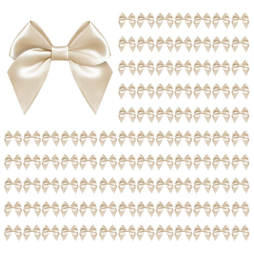 Photo 1 of 100 PCS Bows for Gift Wrapping, 2.75" Satin Ribbon Bows with Double-Sided Tape, Small Bows for Crafts, Bow Decor, Mini Bows Decorations for Party Baby Shower Birthday Wedding (Champagne)