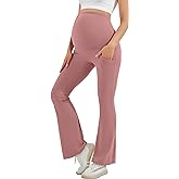 HEGALY Women's Maternity Flare Leggings Over The Belly - Casual Pregnancy Yoga Pants with Pockets Buttery Soft