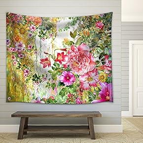 Abstract Flowers Watercolor Painting. Spring Multicolored Flowers - Fabric Wall Tapestry Home Decor - 51x60 inches