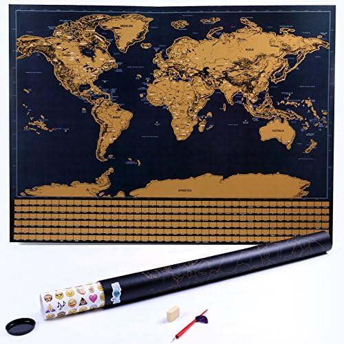 Scratch Off World Map Poster - with US States and Country Flags - Perfect Gift for Travel Enthusiasts - Includes Guitar Pick, Scratcher, Eraser, and Exciting Stickers