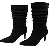 JOY IN LOVE Women's Low Heel Boots, Mid-Calf High Wrinkled Slouchy Boots