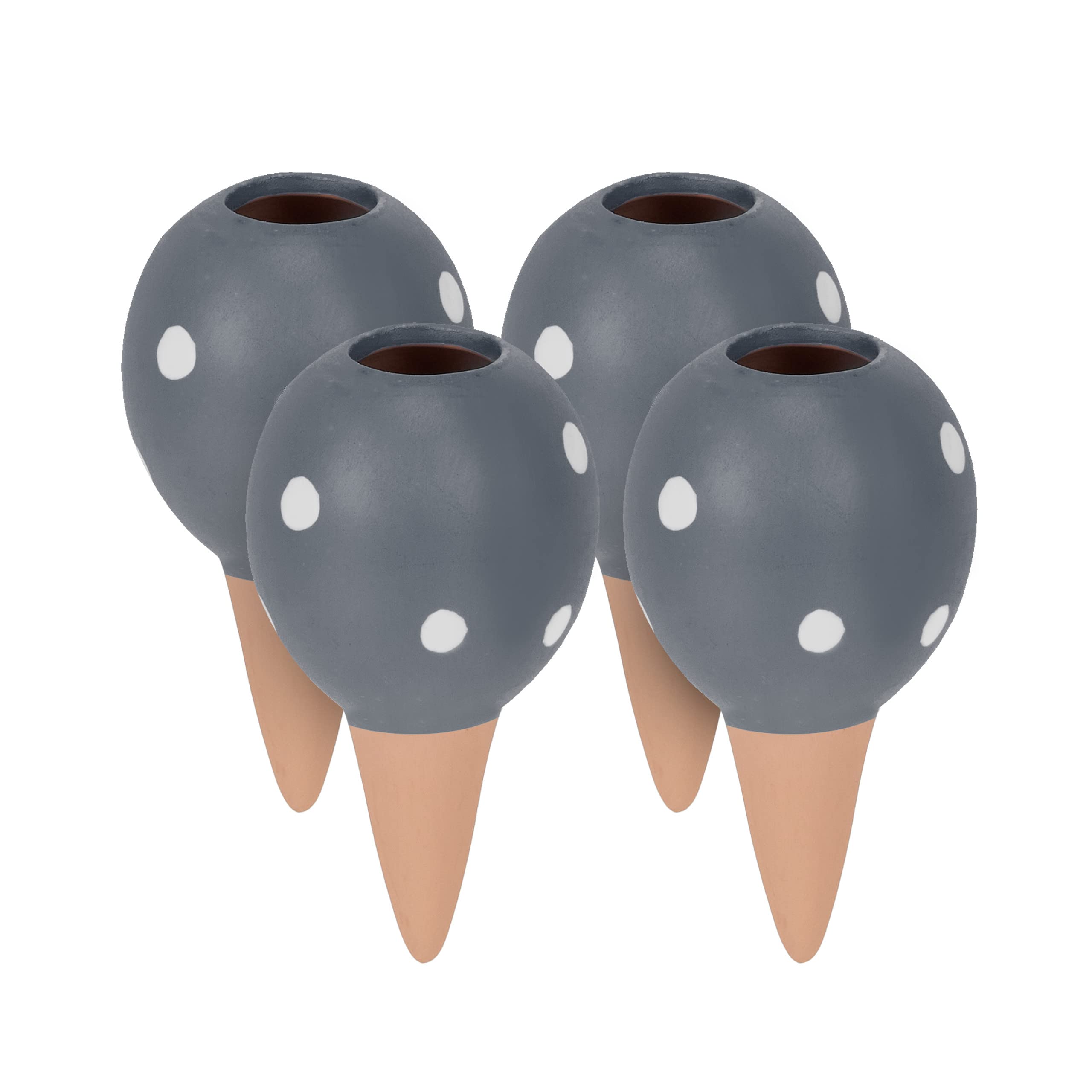 Relaxdays Clay Watering Spikes, Set of 4, Each 100 ml, Spotted Design, for House Plants & Outdoor Pots, Terracotta/Grey, Ceramics