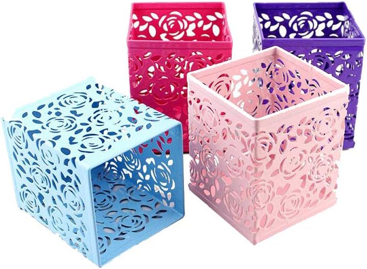 Pencil Holder,Uotyle Mesh Steel Hollow Rose Flower Pattern Square Home Office Desk Pot Holder Cup Desktop Stationery Organizer Container for Makeup Brush, Pencils, Highlighters, Ruler, Pack of 4