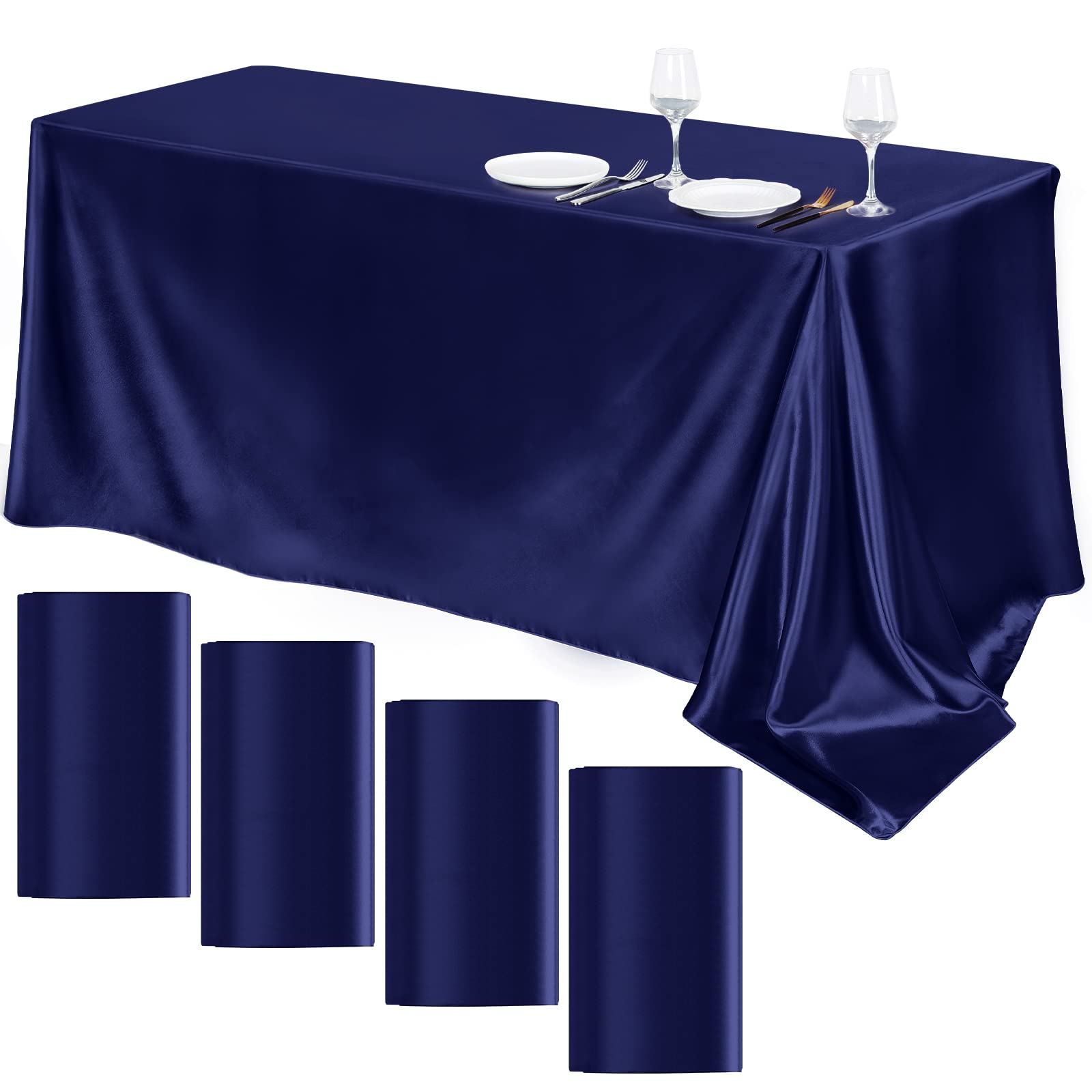Photo 1 of TURSTIN 4 Packs Satin Tablecloth 102 x 58 Inch Overlay Satin Table Cover Rectangle Bright Silk Tablecloth Smooth Fabric Table Decoration for Wedding Banquet Party Events, Navy Blue