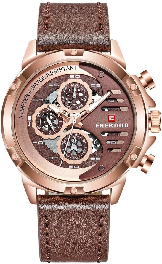 Men's Watch Chronograph Analog Quartz Watch Waterproof 30 Meter with Leather Strap (Rose Gold)