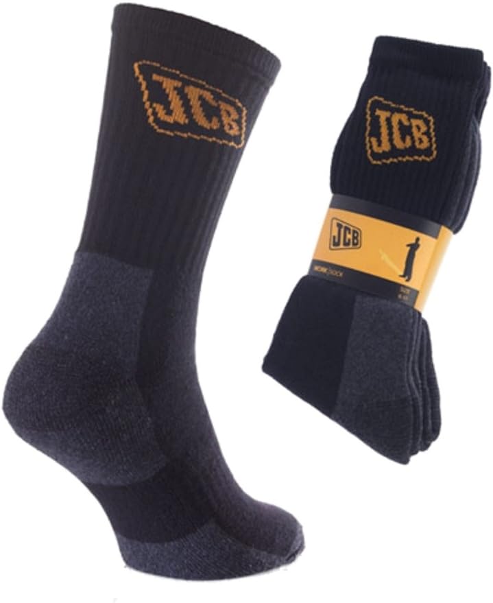 Mens JCB Work Socks 6 Pair Pack Reinforced Heel And Toe, Black, 6/11 UK
