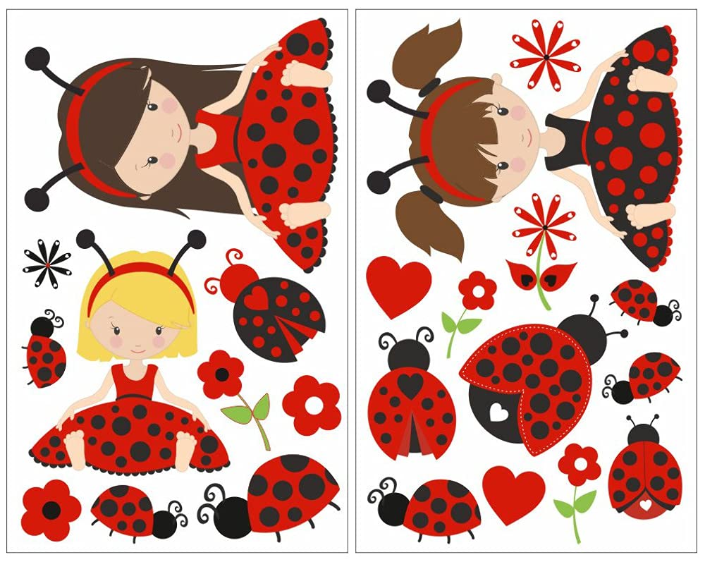 Samunshi® 23 Piece Girls Ladybird Wall Tattoo Set for Child's Bedroom Baby Room, multicoloured, 2x 16x26cm