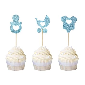 Newqueen 24 Pack Baby Bottle Carriage Clothes Cupcake Toppers Blue
