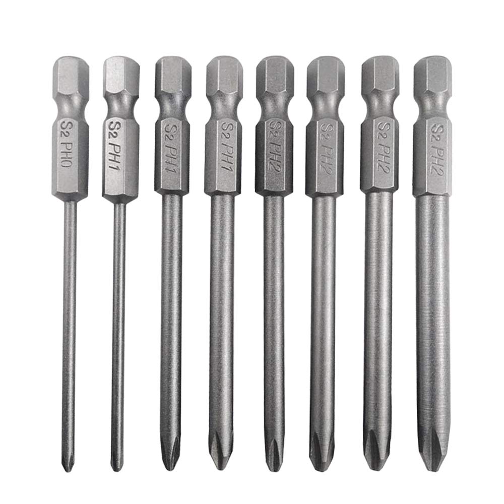 Mesee 8Pcs Long Cross Head Screwdriver Bits with 1/4 Inch Hex Shank, Magnetic Phillips Screwdriver Bit Set Phillips Driver Drill Bit Repair Accessory Tool, 75mm Length