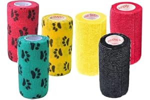 Prairie Horse Supply 3 Inch Vet Wrap Tape Bulk (Red, Yellow, Black and Black Paw Prints on Yellow, Red, Teal) (Pack of 6) Self Adhesive Adherent Adhering Flex Bandage Grip Roll for Dog Cat Pet