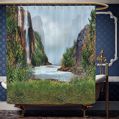 Wanranhome Custom-made shower curtain Waterfall Decor Lave wiev with Mountains and Hills by the Champaign with Colorful plant Blue and Green For Bathroom Decoration 48 x 78 inches