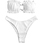 ZAFUL Women's Strapless Bikini Ribbed Tie Back Ruffle Cutout Bandeau Bikini Set Swimsuit (0-White, S)