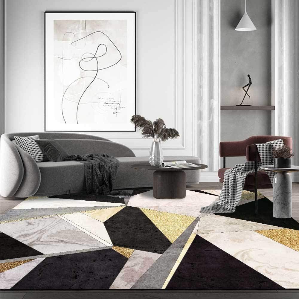 Tapis Noir Blanc Or géométrique Moderne Tapis, pour Salon Chambre Salle