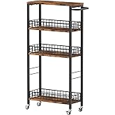 Slim Storage Cart Rolling Kitchen Cart with Wheels Narrow Laundry Storage Utility Cart 4 Tier Bathroom Mobile Shelving Unit Organizer with Wood Tabletop Trolly Cart with Handle for Small Spaces, Brown