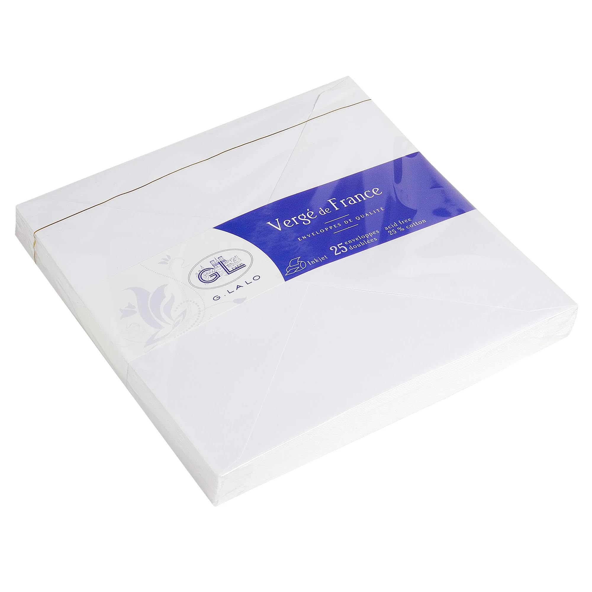 Lalo 22450L - Verge De France Pack of 25 gummed lined envelopes. Size: 16.5x16.5 cm, Laid Paper France, Extra-white Lined Correspondence Paper Made in France