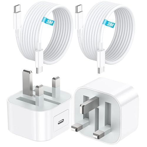 2 Pack 20W USB C Charger for iPhone 16/15/17 Pro Max,[3M USB C to C Cable & UK Plug] Fast Charging Set, Compatible with iPad Pro/Air/Mini, Samsung Galaxy