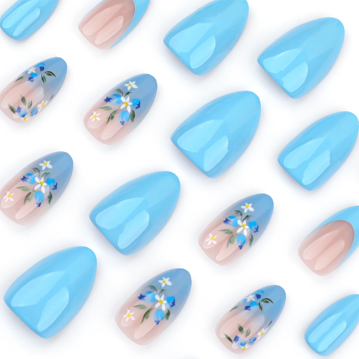 24Pcs Blue Flower Press on Nails Almond Medium Fake Nails French Tip Glue on Nails Blue Gradient Acrylic Nails Full Cover Spring Summer False Nails with Designs Flower Nails Art Decoration for Women - Image 2