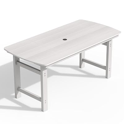 Ciokea HDPE Outdoor Dining Table with Umbrella Hole,66" Rectangle Patio Table for 6,All-Weather Outdoor Patio Furniture Set for Garden Backyard,White