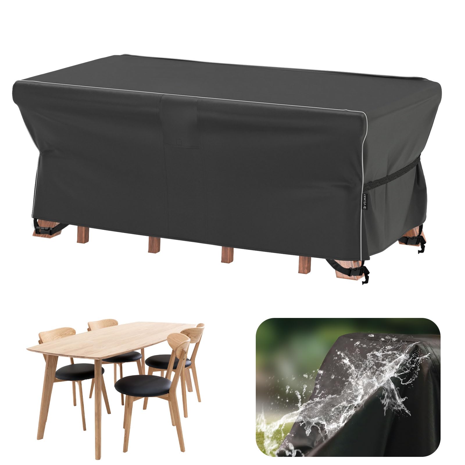 Velway Garden Furniture Covers Waterproof - 170x95x74cm Outdoor Table Cover Tear-Resistant with Reflective Strip Air Vent 600D Anti-UV Windproof for Outside Patio Table and Chair Rattan Sofa - Black