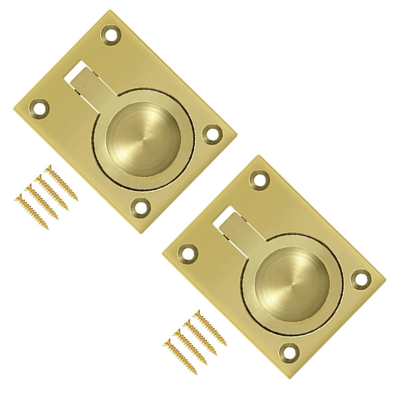TERF® Traditional Vintage Polished Brass Flush Ring Pull Handle 50mm (2 inch) Face Fix Handle Including Fixing Screw for Use Window Cupboard Cabinet Wardrobe Door Gate - Pack of 2