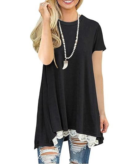 Lalala Kurzarm/Langarmshirt Damen Loose Fit Tunika Top Casual Rundhals Shirt Bluse Oberteile mit Spitze