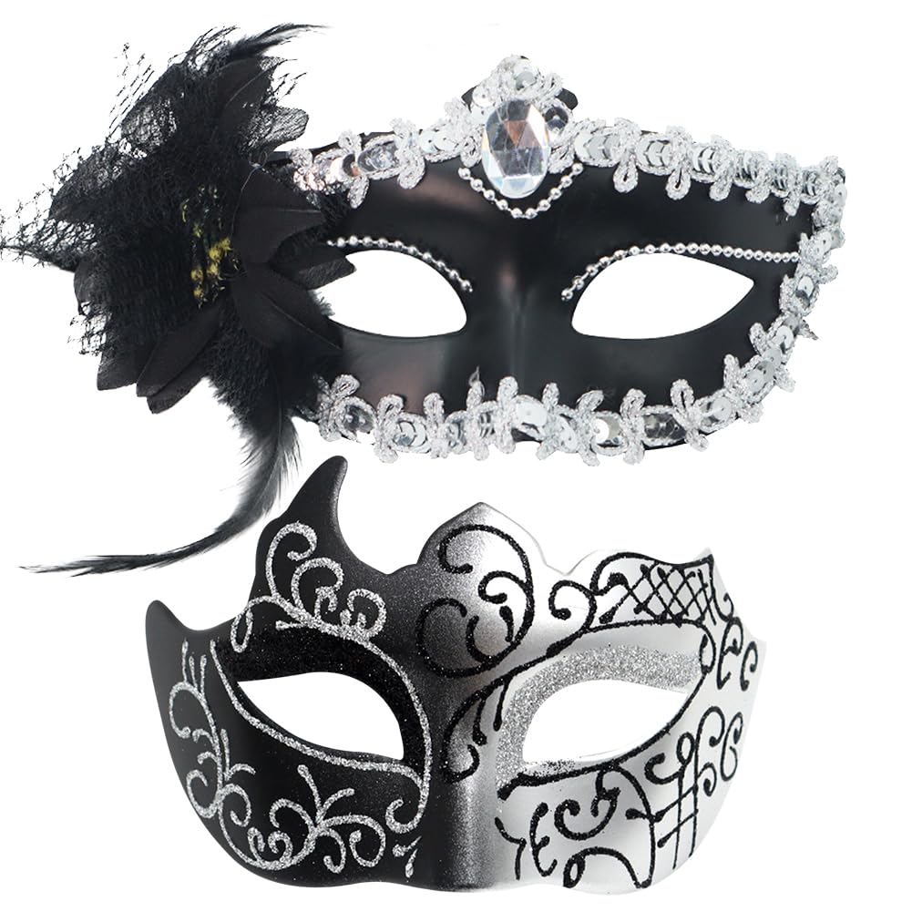 YRPACFB Couple Masquerade Masks Set, Venetian Party Mask, Halloween Costume Masks, Carnival Mardi Gras Costume Party Dress-Up Accessories for Men and Women -2PCS （White） — image 1