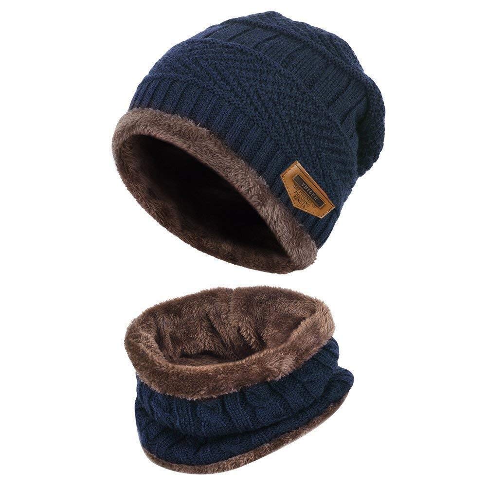 Bkrdty Winter Beanie Hat Scarf Set Fleece Liner Warm Knitted Hat and Circle Scarf for Men and Women Indoors and Outdoor Navy