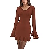 Puhrissimus Women's Cocktail Bodycon Sexy Plunge Ruffle Hem Mini Dress Long Flare Bell Sleeve Cocktail Club Party Short Dress