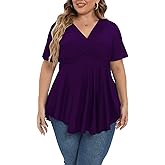 Gocolloa Plus Size Tops for Women Summer Short Sleeve V Neck Casual Shirts Dressy Pleated Wrap Tunic Top Blouses