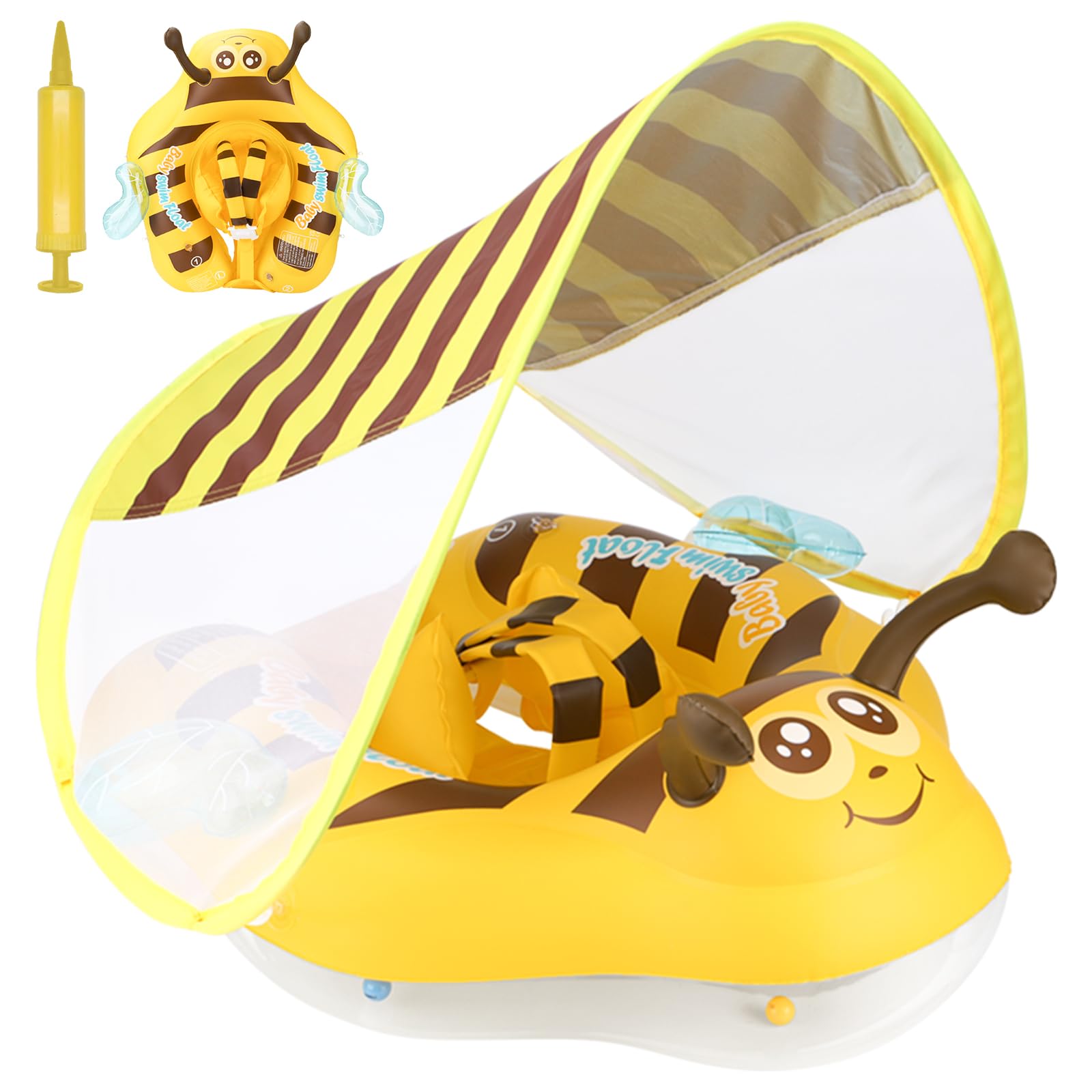 Baby Swimming Float Inflatable Baby Pool Float Baby Swimming Ring with UV Sun Protection Canop and Manual Pump, Baby Swim Float with Safe Seat for Newborn Baby Learn to Swim