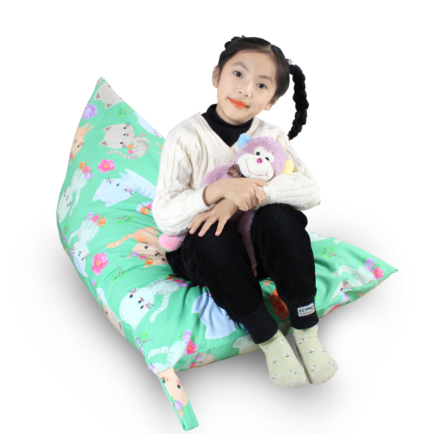 Kids Bean Bag Cover Only, Stuffed Animal Bean Bag Storage, Large Bean Bag Chair for Teens, 132cm * 79cm Beanbag Chair Cover Without Filling, Inflatable Soft Toy Storage, Cat